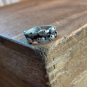 Skull double row brass silver ring adjustable goth punk rock